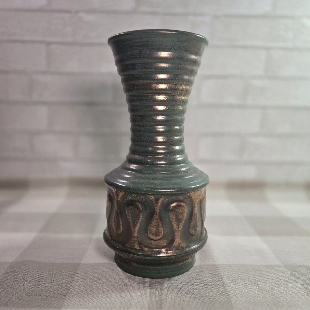Green Tall Pottery Vase Brushed Gold MCM Grand Millennial Decor Swirl Ribbed 12"